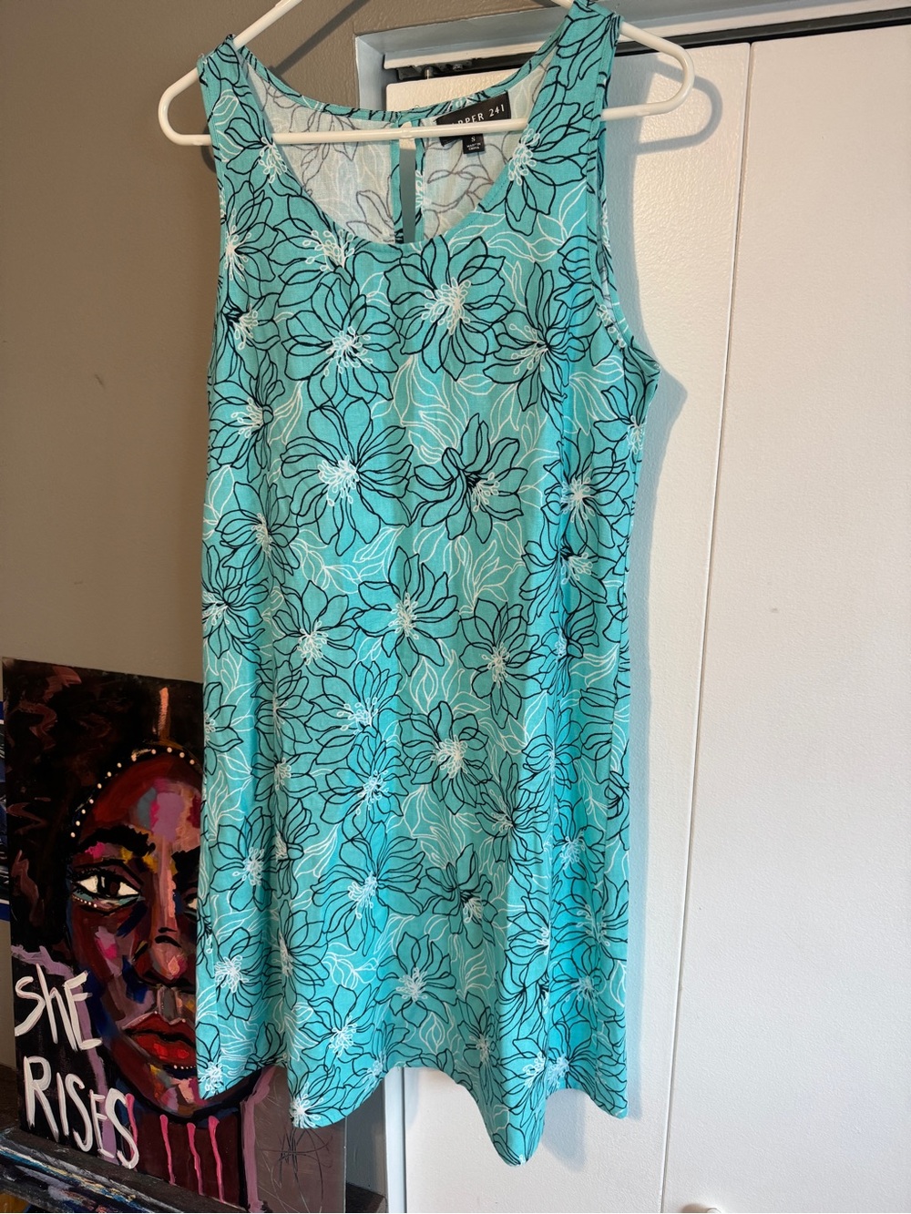 Minimalist Teal Floral Linen Blend A-Line Dress - Small/medium - Picture 5 of 11